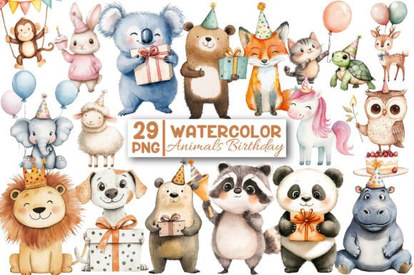 Download Watercolor Animals Birthday Clipart - Watercolor animals Collection