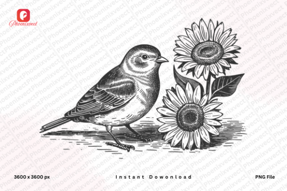 Download Vintage Hand Drawn Sunflower Sparrow PNG - Sun Collection