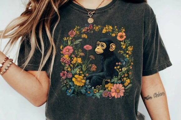 Download Cute Chimpanzee Vintage Floral Wreath Botanical Monkey Sublimation Design Png - Design Collection