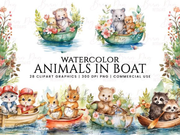 Download Watercolor Animals in Boat Clipart - Watercolor animals Collection