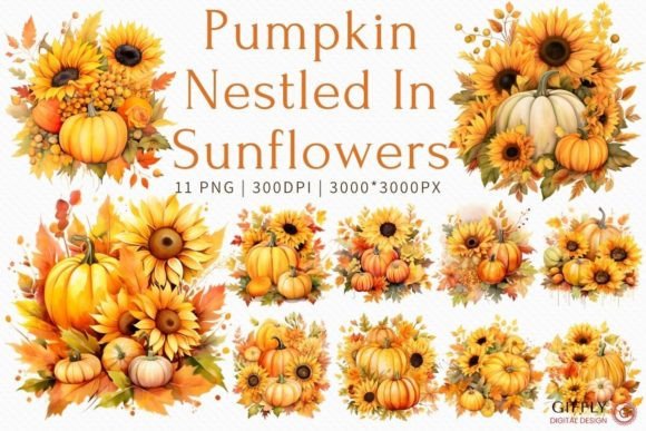 Download Watercolor Pumpkin Nestled in Sunflowers - Sun Collection